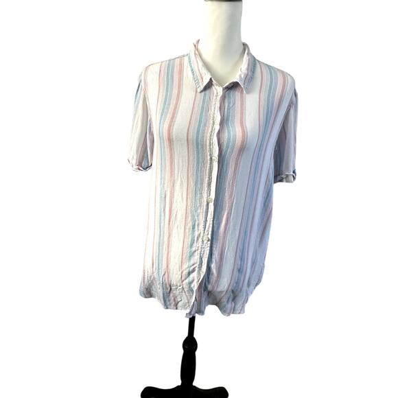 American Eagle Button Down Short Sleeve Top Blue White Pink Medium - Picture 1 of 4